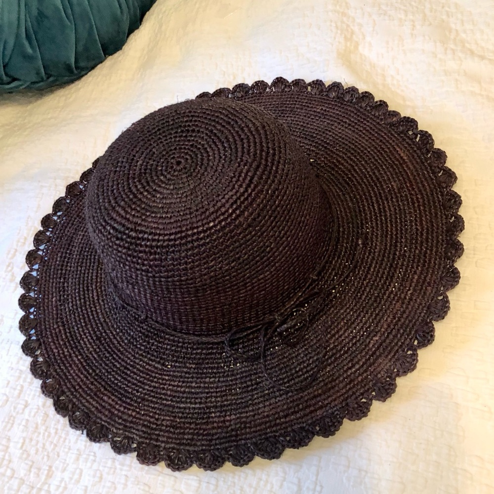 SHEBOBO Genevieve 4" Brim Crochet Straw Sun Hat Lace Weave Edge Dark Brown EUC - Picture 3 of 7